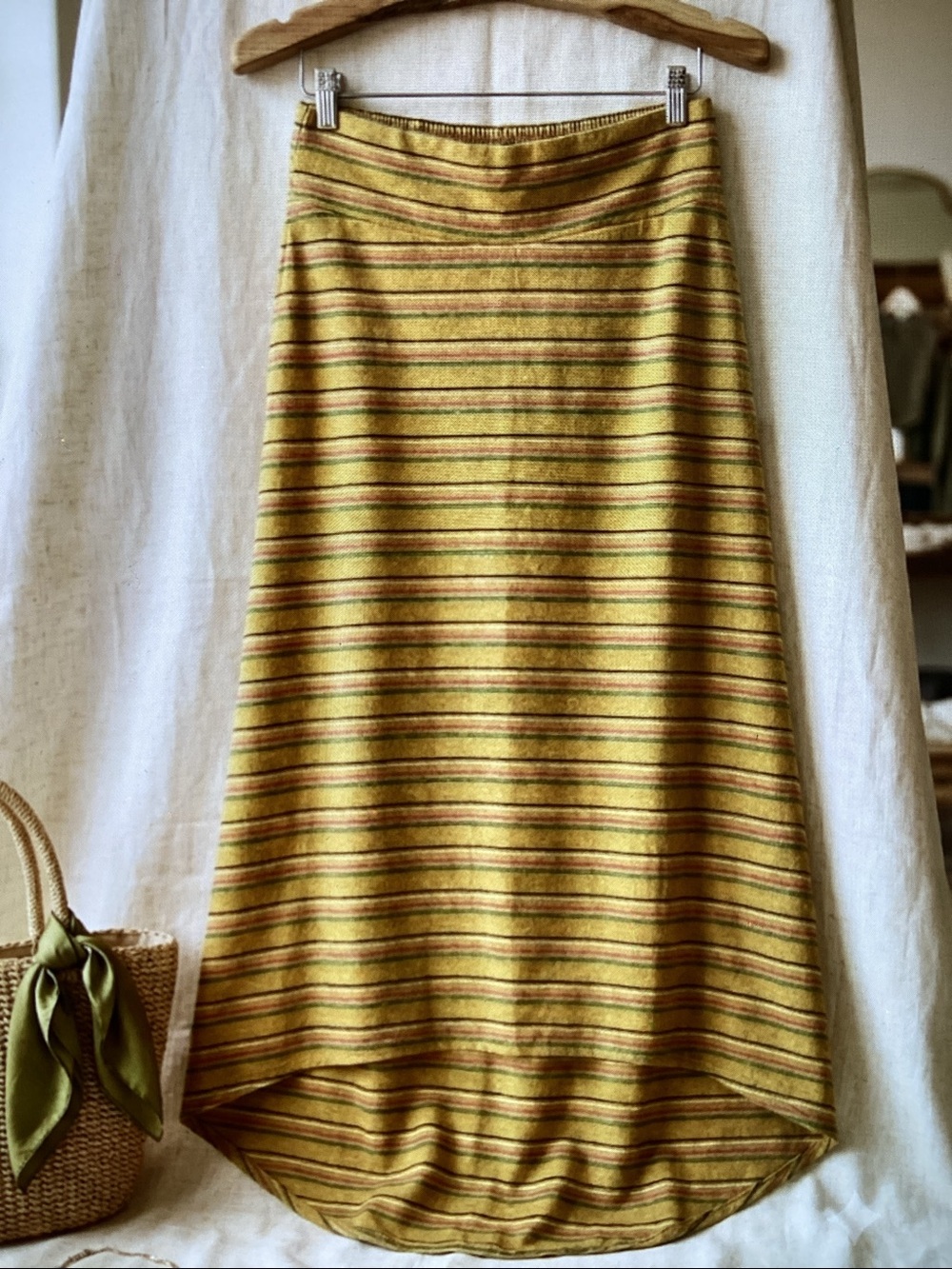 prAna Mustard Striped High-Low Skirt with Olive and Rust Accents